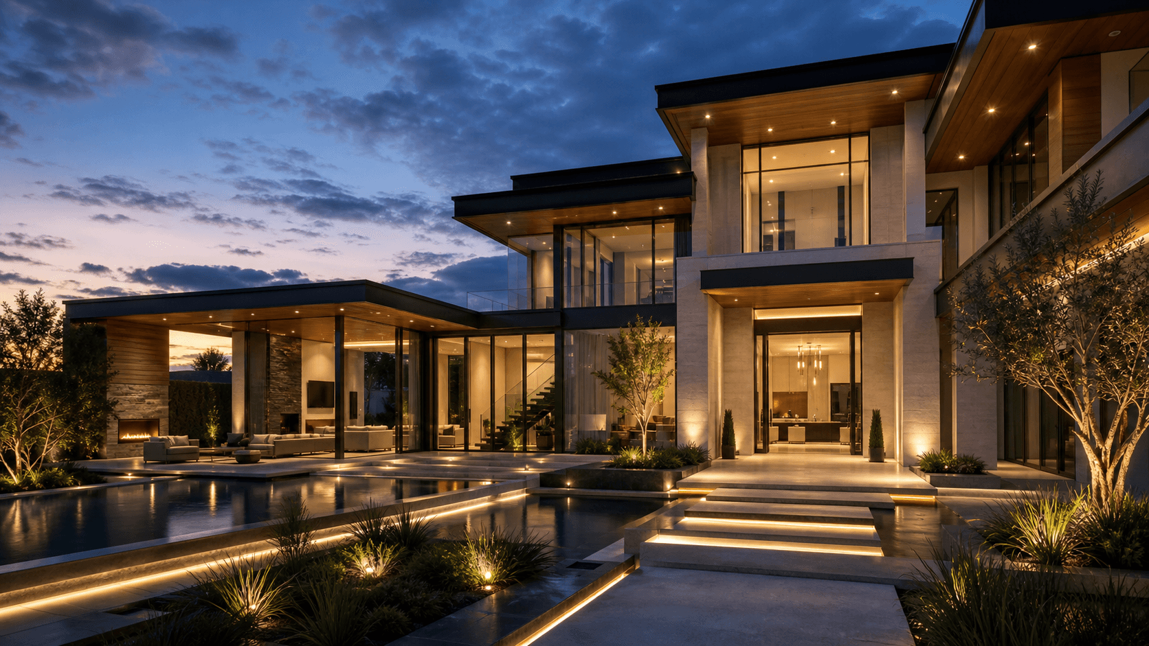 Premium modern mansion exterior with warm lighting at dusk
